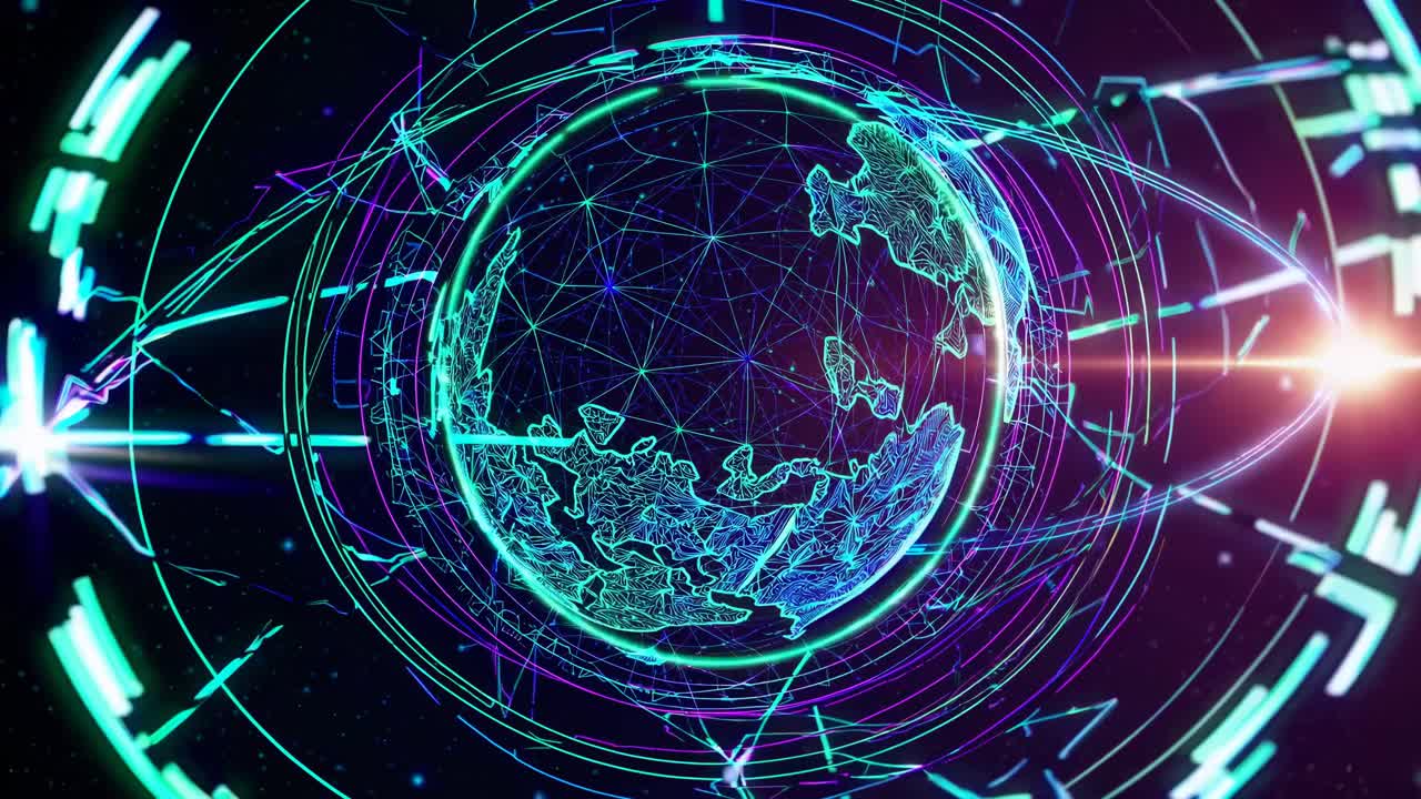 Futuristic video concept of a digital globe with neon lines and geometric patterns