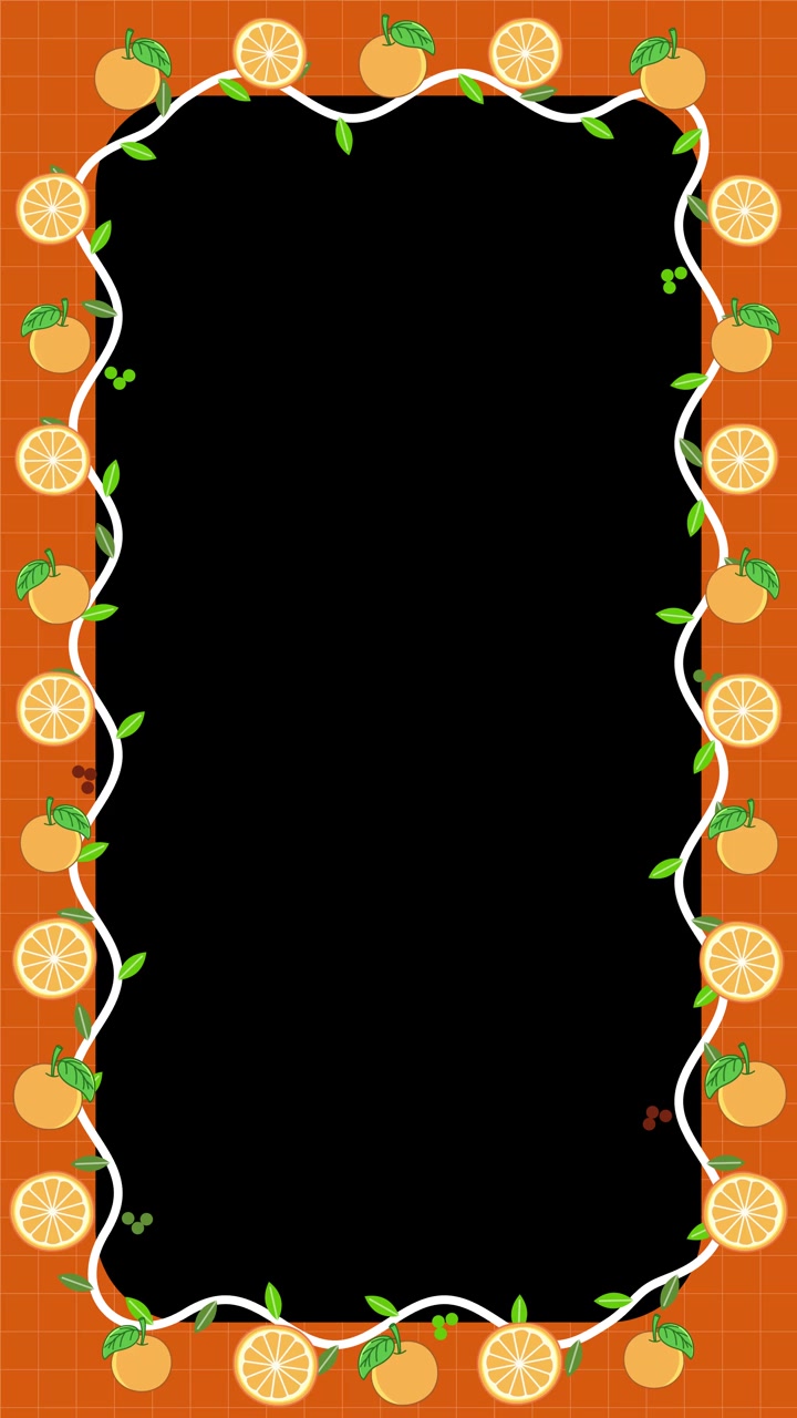 An animated vertical frame decorated with oranges, sliced citrus, and leaves loops continuously.