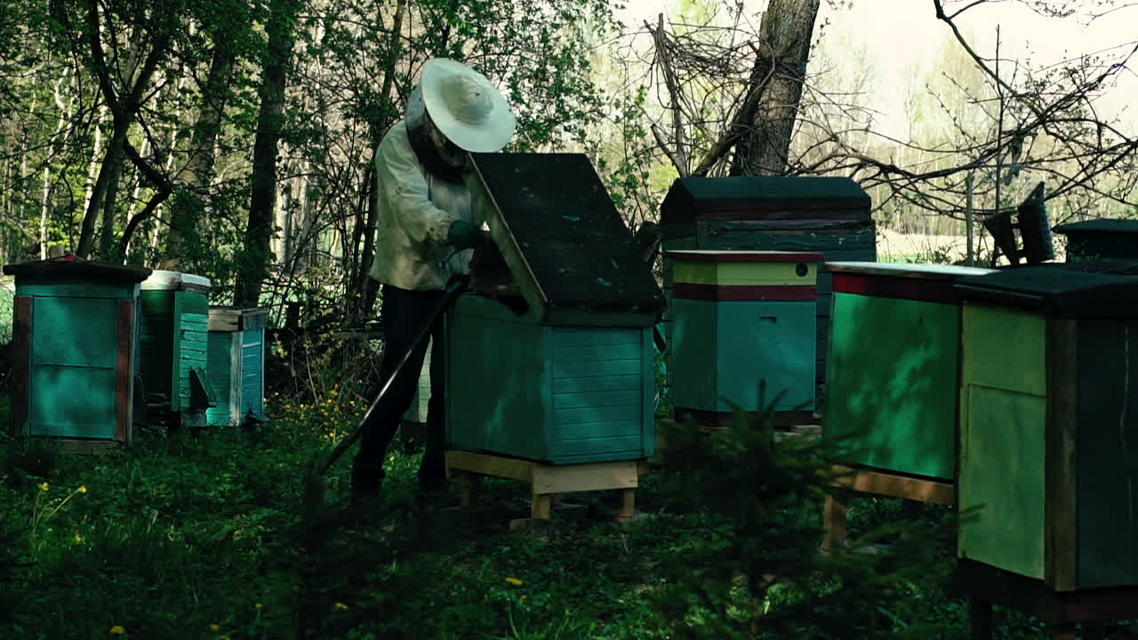 Beekeeper Closing Lid On Beehive Box In Garden. Follow Shot