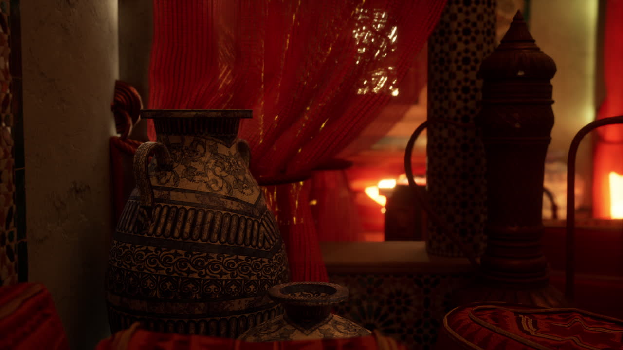 모로코 인테리어: 빨간색 커튼과 세라 꽃병