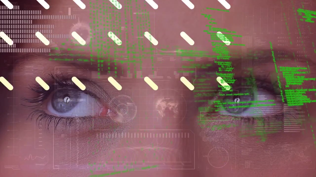 A close-up view of a female's blue eyes looking at a computer screen with various digital animations
