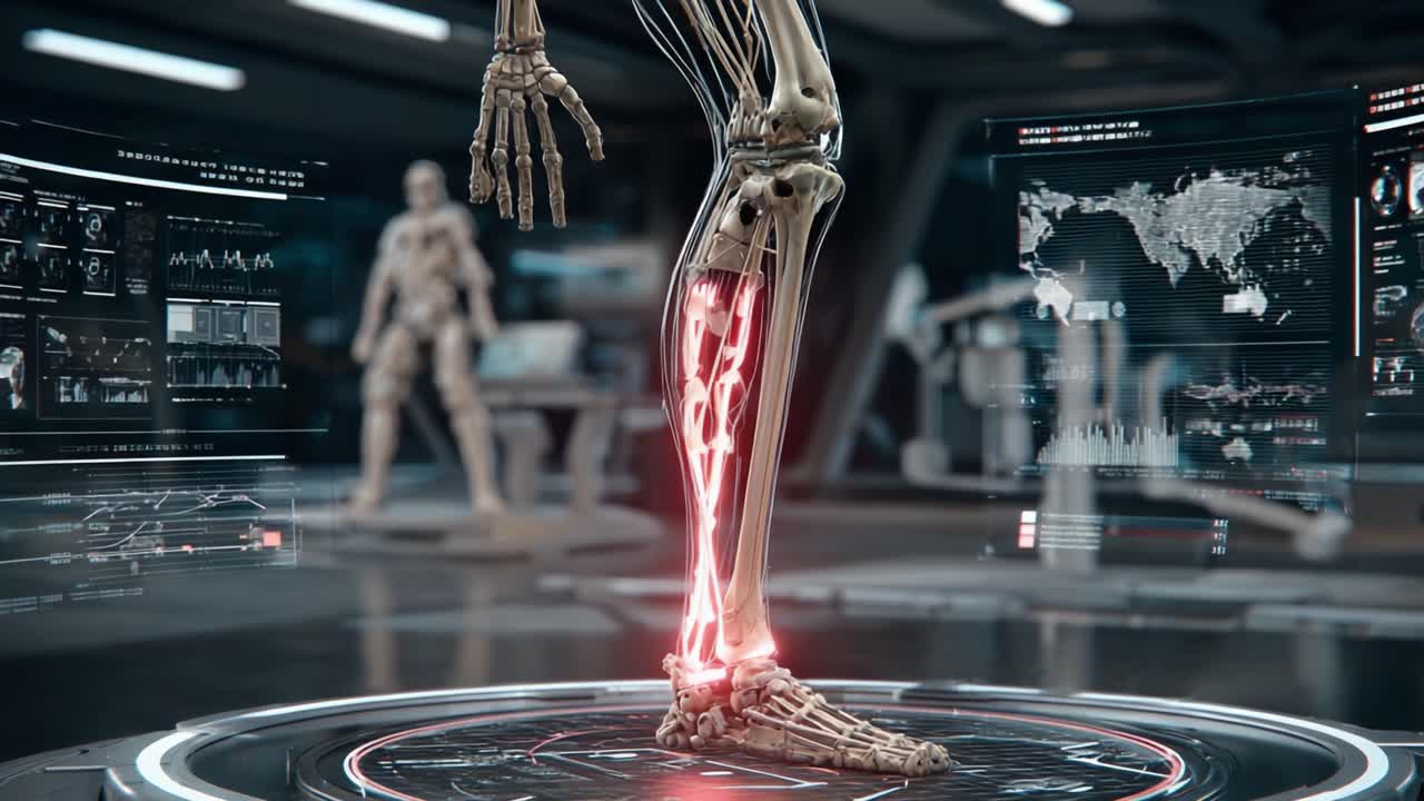 Udforskning af avanceret biomedicinsk visualisering: Analyse af skeletstrukturer og ledmekanik gennem højteknologiske simulationer i et futuristisk laboratoriemiljø.