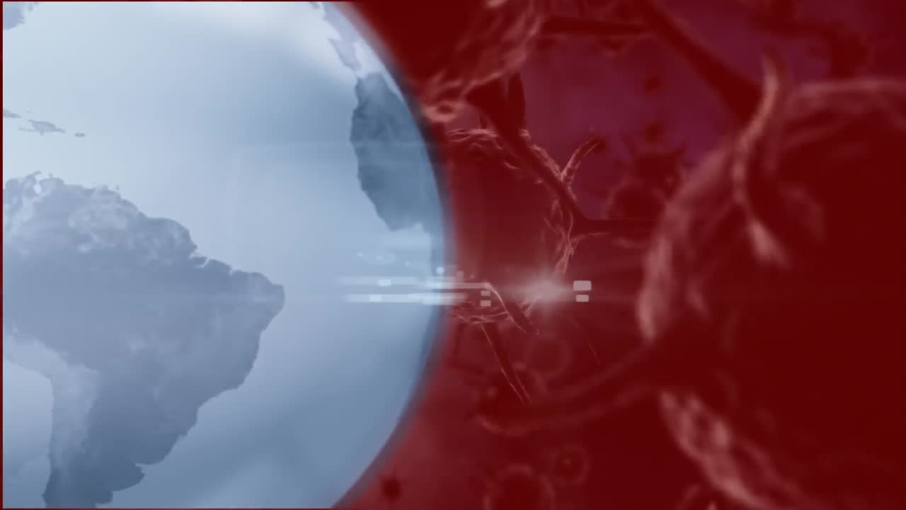 움직이는 갈색 박테리아 세포 위에 회전하는 파란 지구의 애니메이션