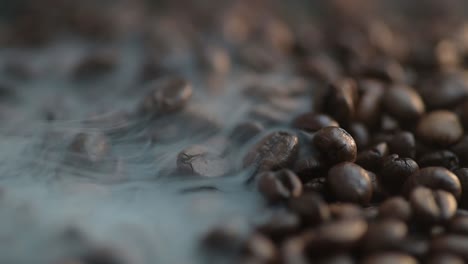 close-up macro of a smoke drifts over the coffee bean