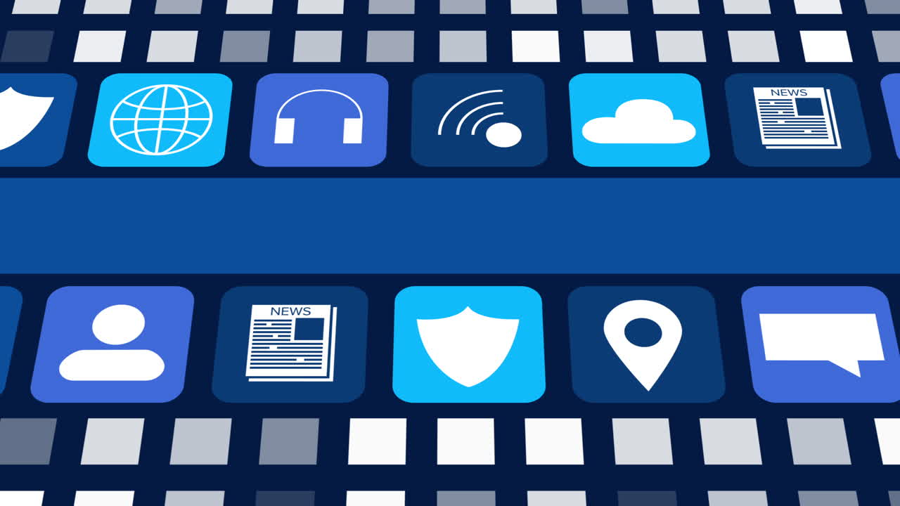 Animation of digital online icons and blue stripe moving on dark blue background