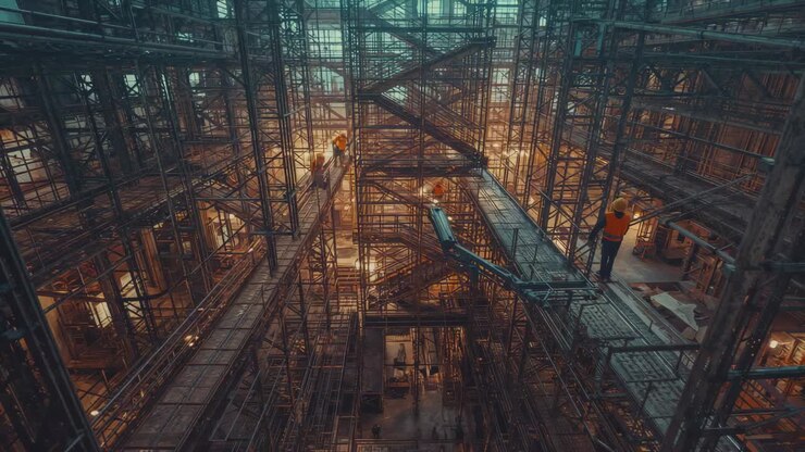 Stepping onto scaffold plank, crew inspecting and tightening guardrails inside building for safety