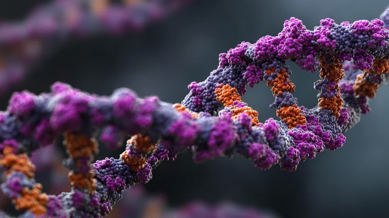 A Close-Up View of Colorful DNA Helix Structure Showcasing Intricate Details of Genetic Material with Vibrant Shades of Purple and Orange in a Molecular Representation