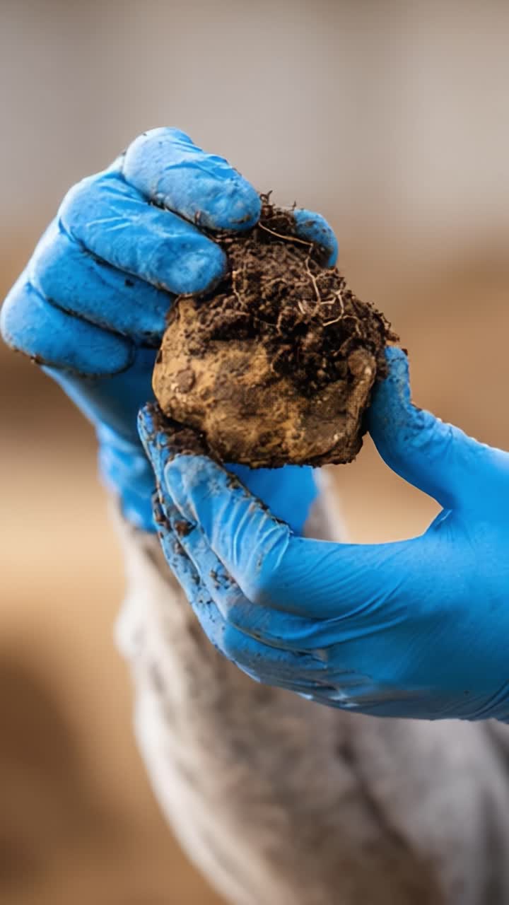Primo piano di mani con guanti blu che tengono una zolla di terra rotonda, che mostra la ricca consistenza e la materia organica nel suo stato naturale