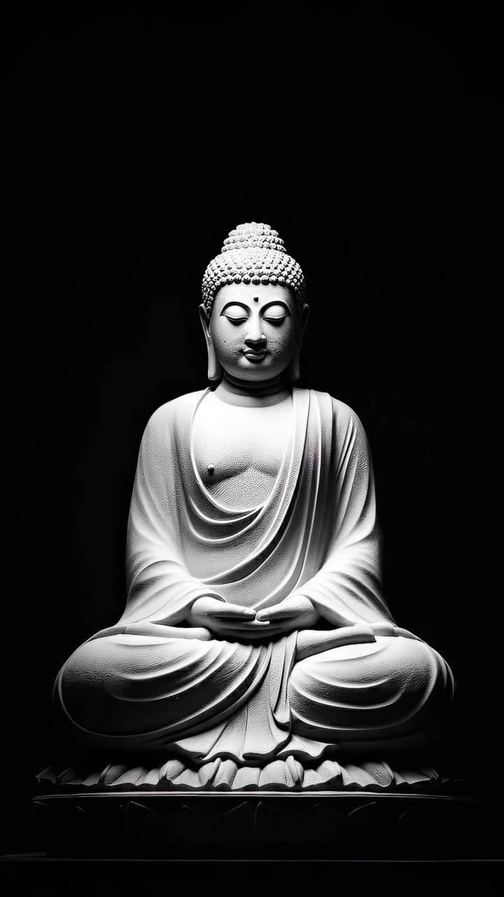 Statua bianca di Buddha in meditazione su sfondo nero