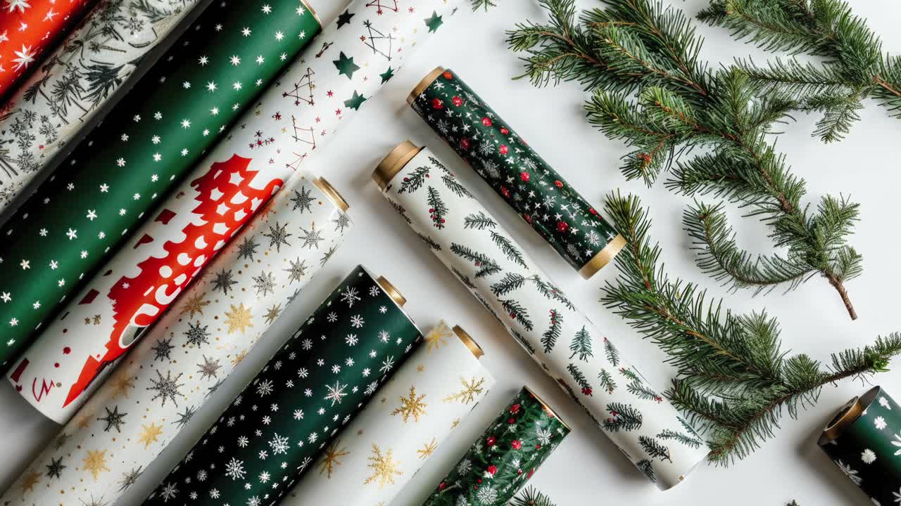 rollos de papel de envoltura de navidad y ramas de abeto
