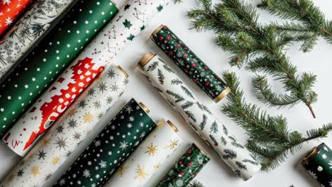 christmas wrapping paper rolls and fir branches