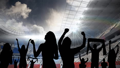 animation of silhouettes of sports fans cheering over sports stadium