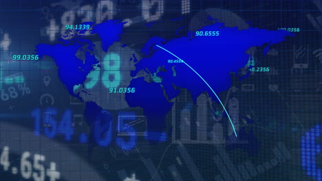 animation of data processing and world map over blue background