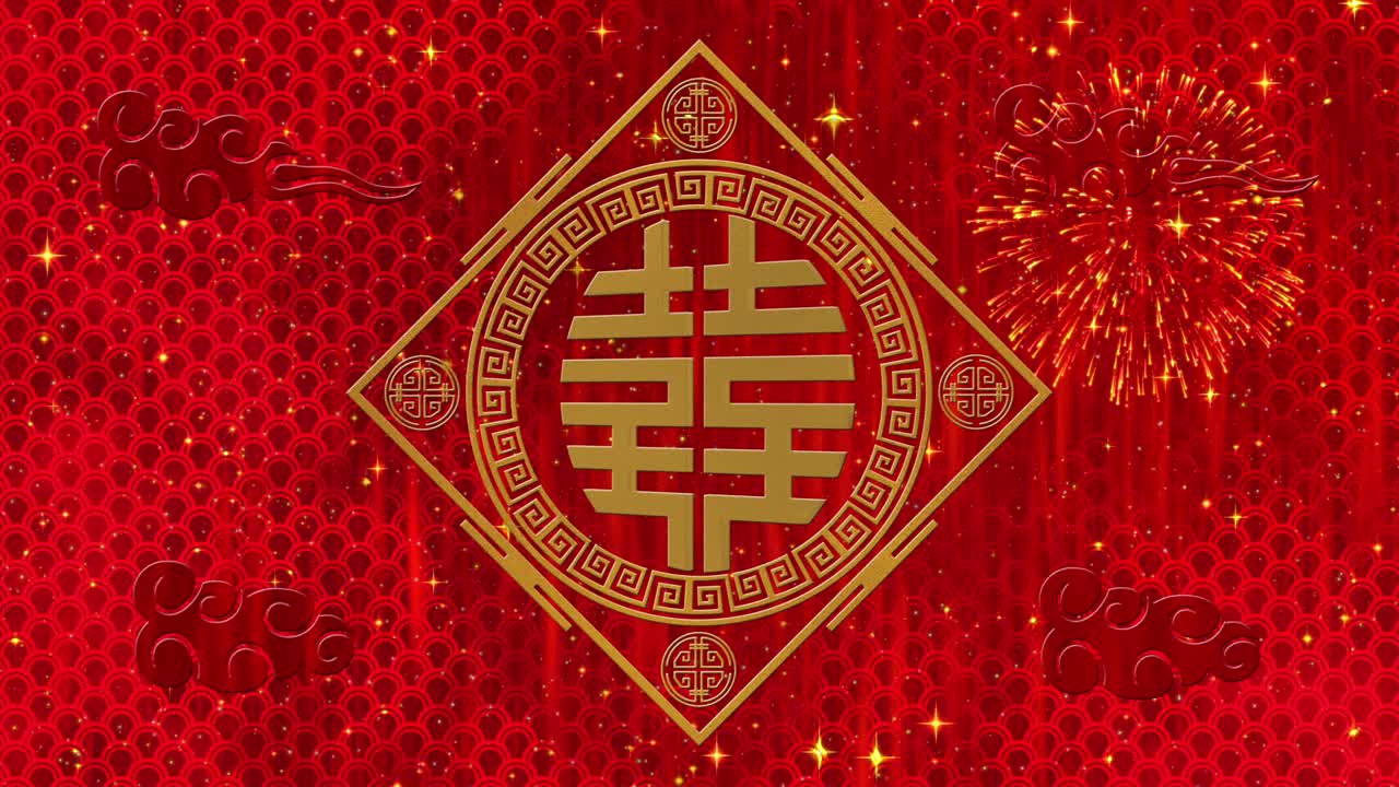 año nuevo lunar, fondo del festival de primavera con ratas, fuegos artificiales, estrellas relucientes y flores de sakura. animación del año nuevo chino, felicidad, longevidad, suerte. renderización 3d de bucle sin fisuras video 4k