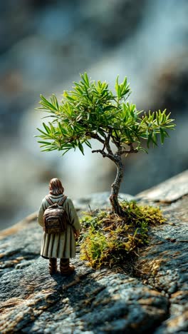 inspirational figure observing a small tree on rocky terrain outdoors