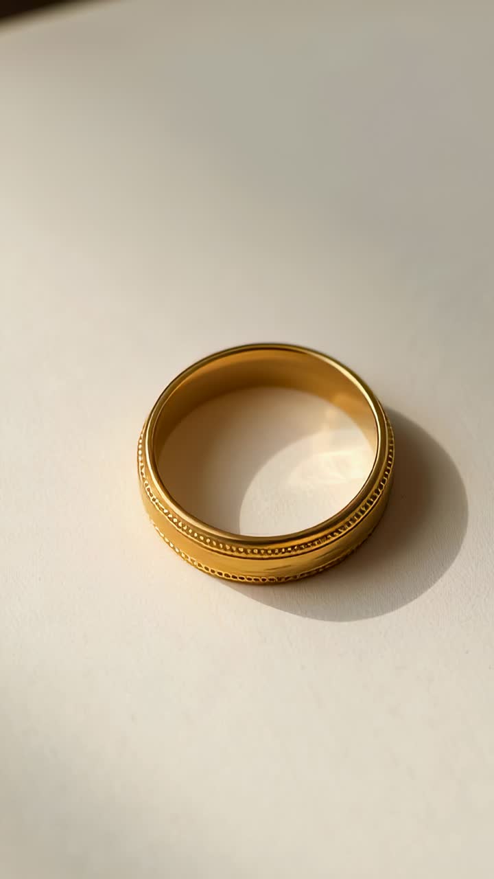 Vertical video: Shifting window light tracing gold ring on pale surface, accenting beaded edge