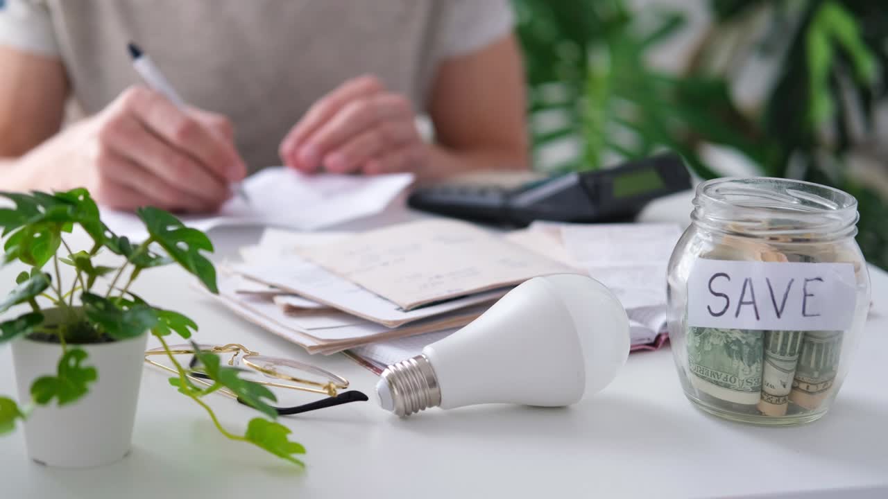 un hombre cuenta una factura en una calculadora y un cheque de electricidad en la mesa. pago de servicios públicos. ahorro de energía y concepto de dinero.