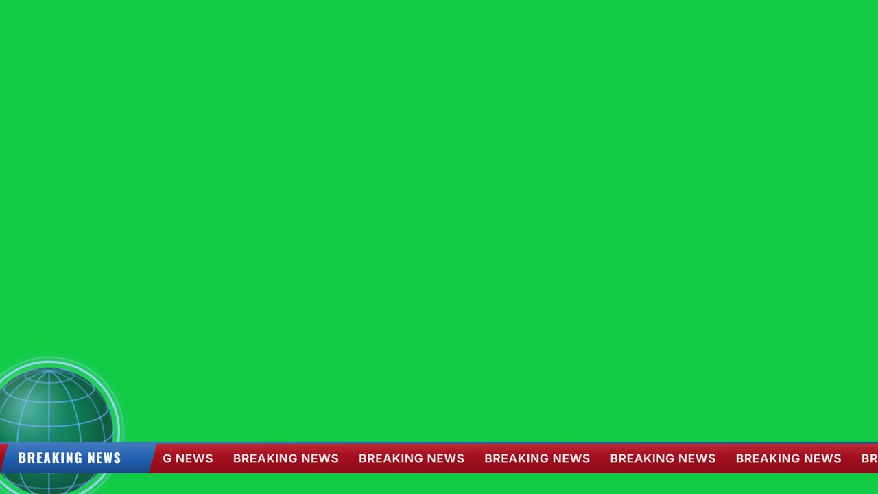 Broadcast news ticker lower third with 3D globe logo and breaking news headline strip on green screen