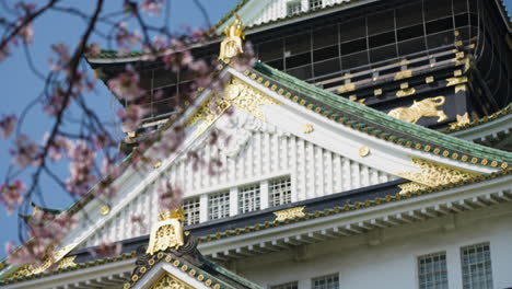 slow motion shot of a blossom tree swaying in front of osaka castle, japan