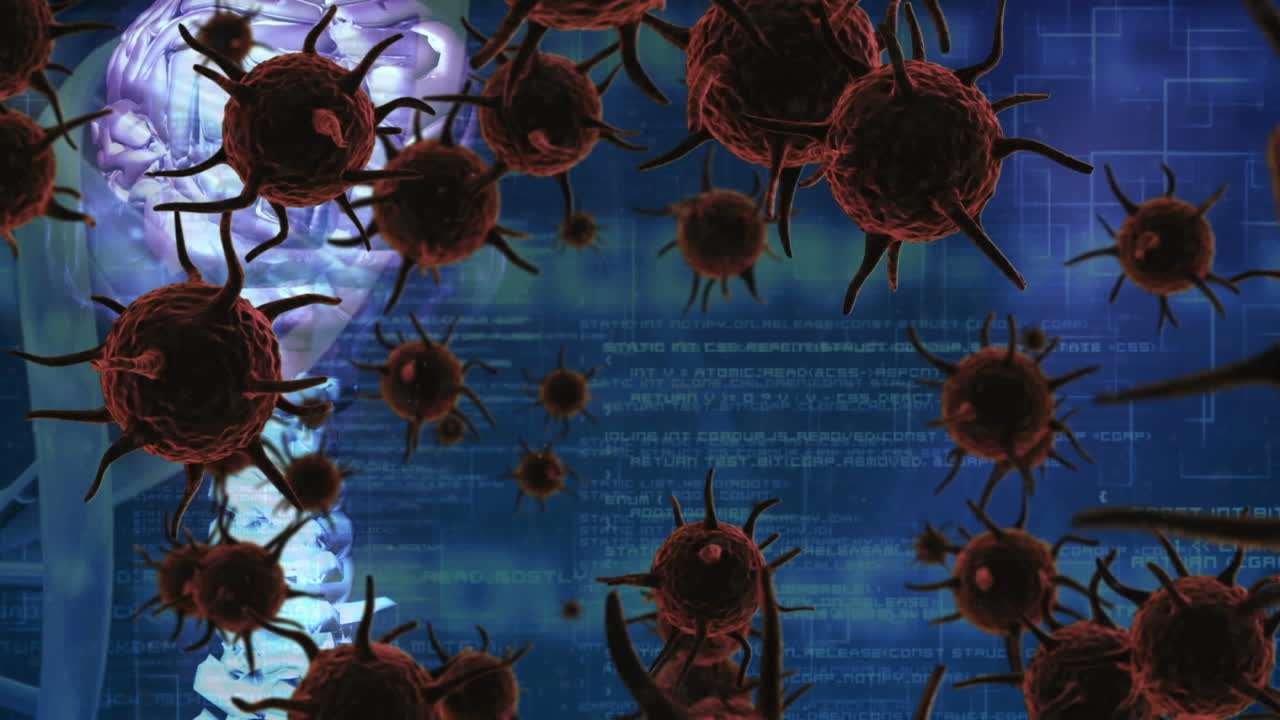 múltiples células de covid-19 sobre la estructura del adn girando sobre una tableta digital contra el procesamiento de datos