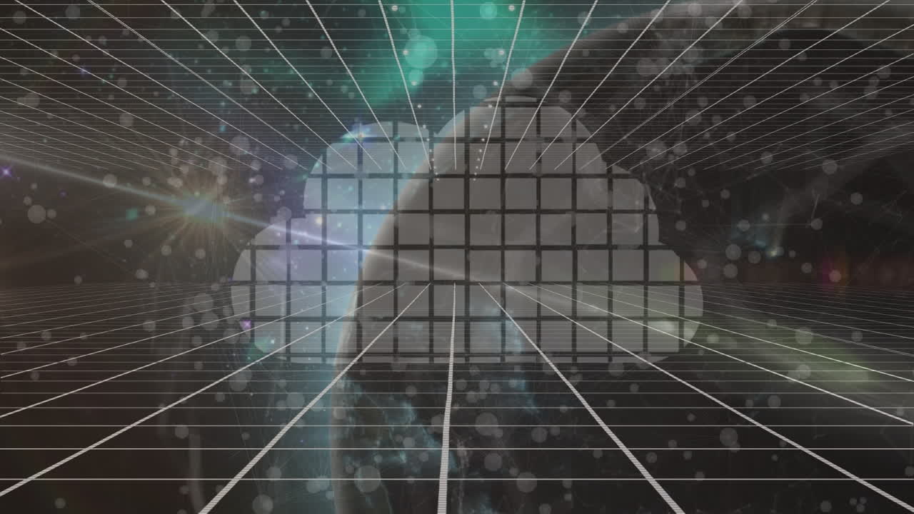 검은 바탕에 회전하는 지구와 구름 아이콘의 애니메이션