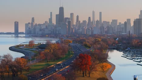 chicago lake shore drive with fall colors aerial view