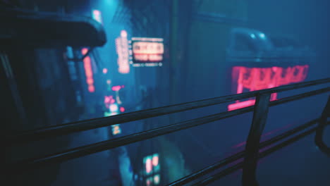 a dark, futuristic city with neon lights and rain.