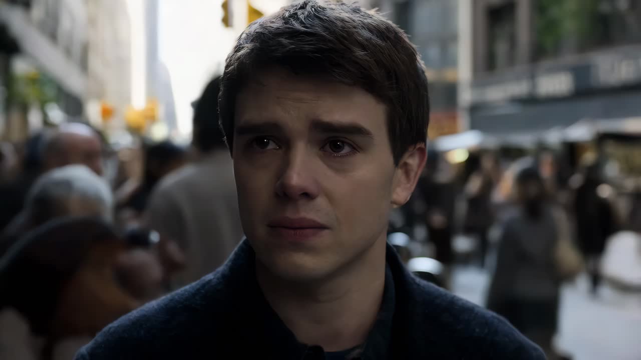 도시 거리에서 슬픈 젊은 남자