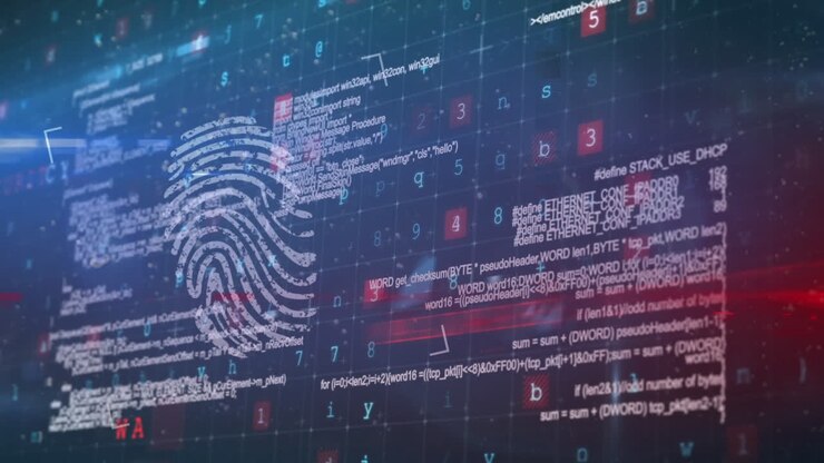 Animation of fingerprint over data processing on black background