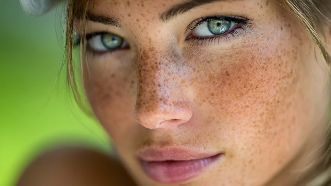 A close-up view of a young woman showcasing striking green eyes and a beautiful complexion adorned with freckles, set against a softly blurred green background