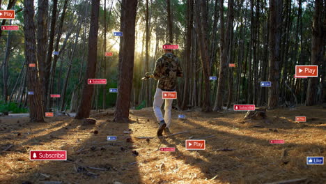 man filming with gimbal in forest, showing floating subscribe, like, play buttons for social media