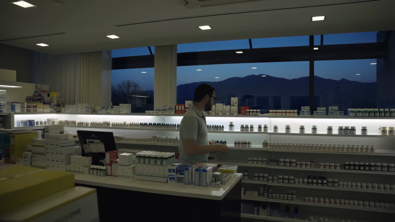 Pharmacist arranging products on shelves in a modern pharmacy