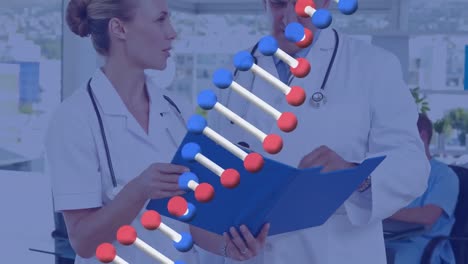 Animation-of-dna-structure-over-diverse-male-and-female-doctors-discussing-over-a-report-at-hospital