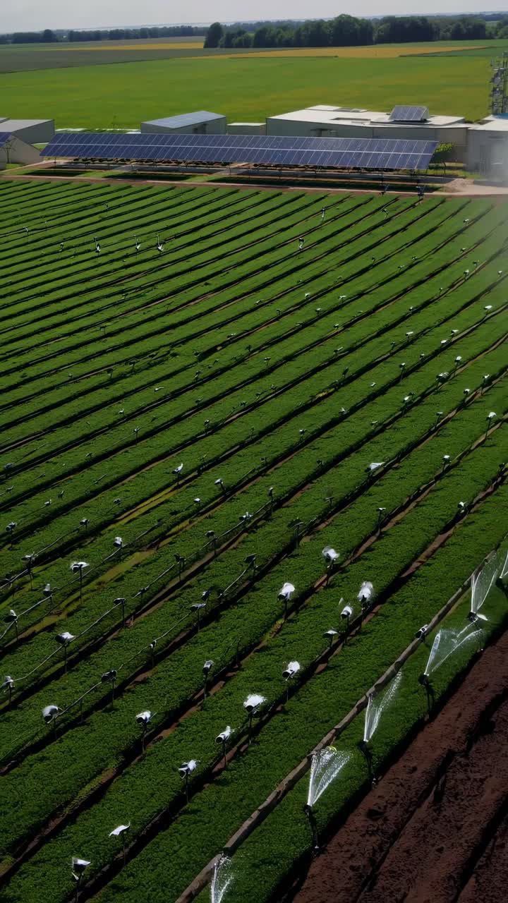 Aerial video captures vast green fields with rows of crops and distant buildings