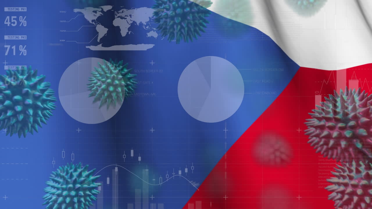 맥로 코로나 바이러스가 확산되고 체코 공화국의  ⁇ 발이 배경에 떠다니고 있습니다.