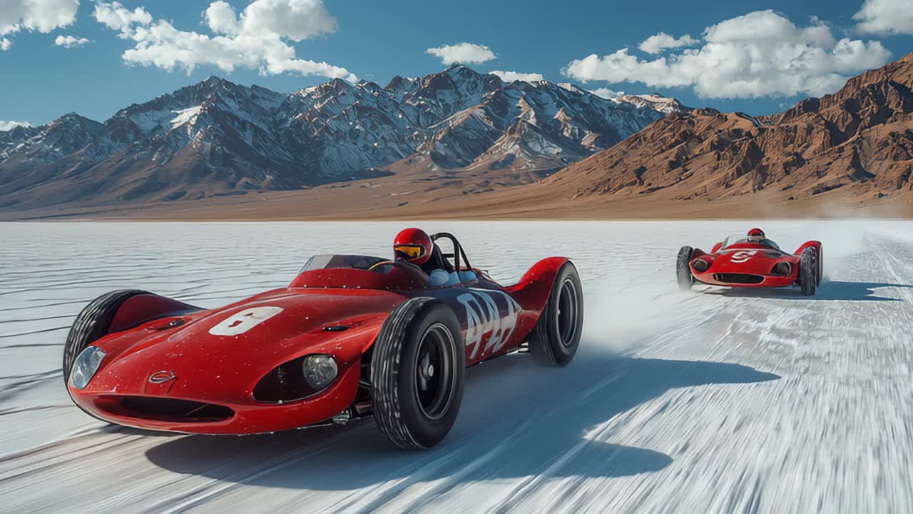 Desert race red and blue cars speeding in opposite directions