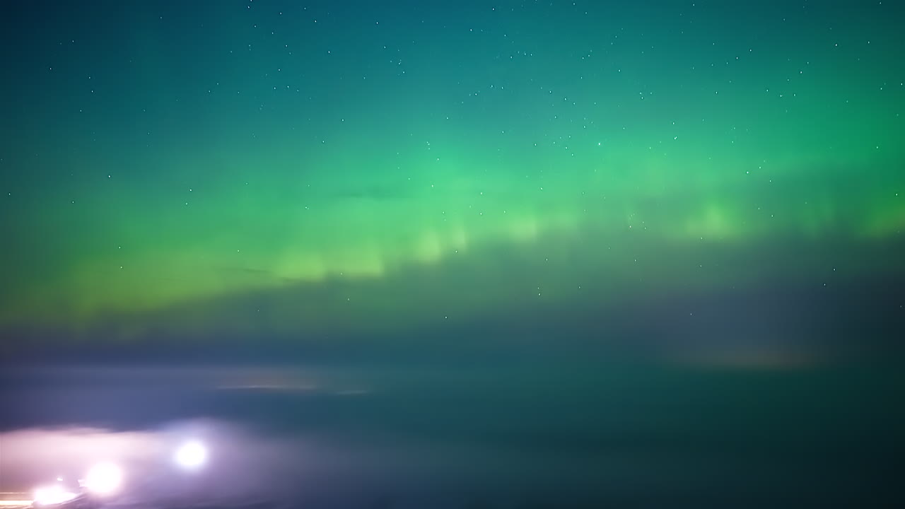Time-lapse dell'aurora boreale verde che si propaga in una notte stellata d'inverno sopra un orizzonte ghiacciato, creando un'atmosfera polare da sogno con spazio per il testo.