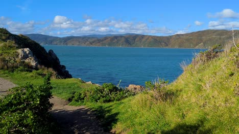 scenic landscape view overlooking blue ocean water and rugged green hills on a windy day in capital city of wellington, new zealand aotearoa