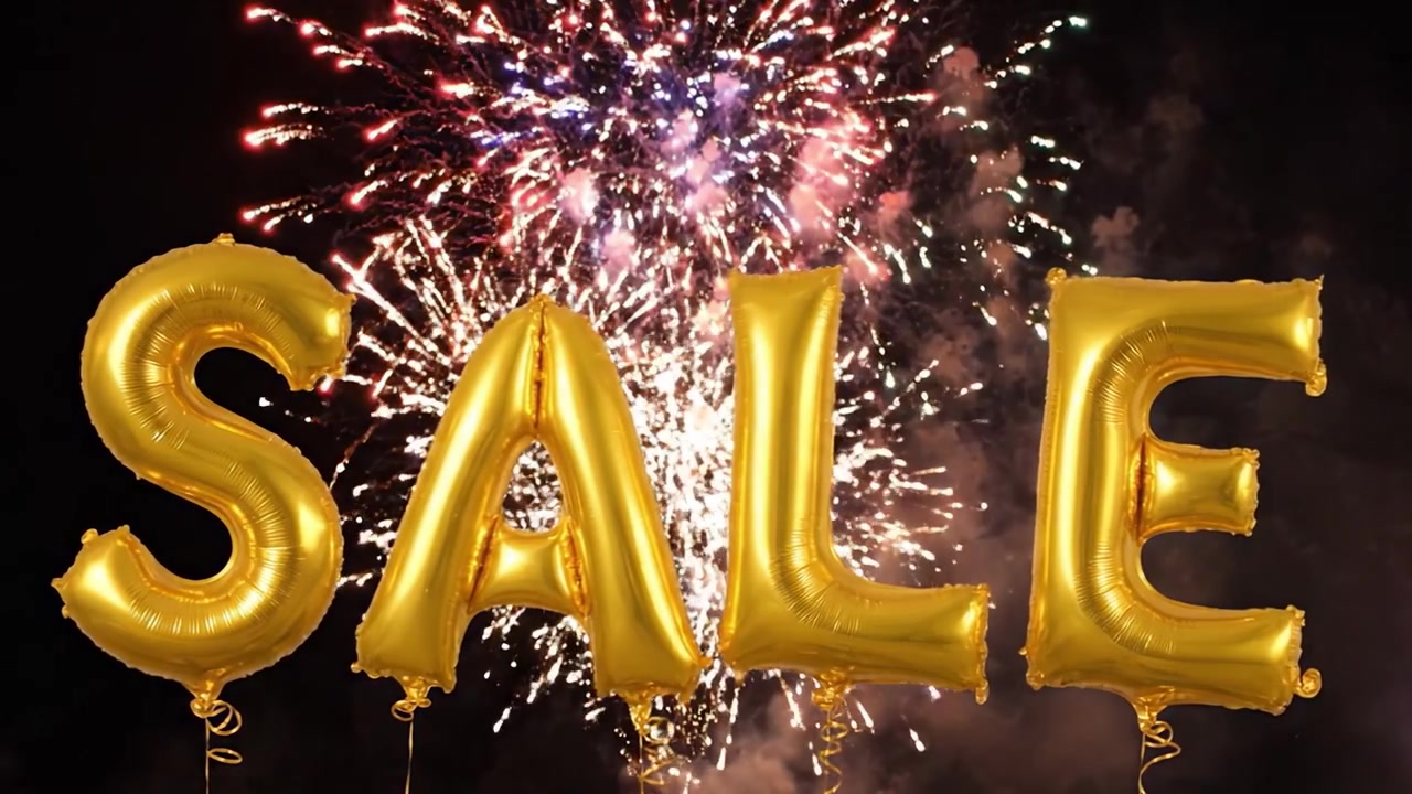Vivace celebrazione di sconti e offerte con lettere a palloncino che formano la parola 'SALDI' illuminate da fuochi d'artificio colorati - Perfetto per promozioni di marketing.