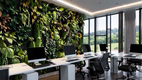 modern office space with green wall and nature view