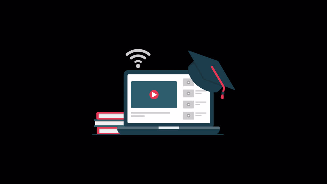 Laptop Animasi dengan Topi Wisuda dan Buku untuk Pendidikan Daring