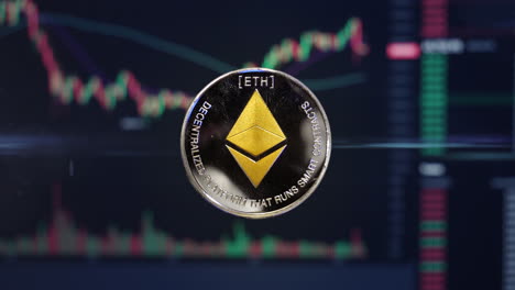 ethereum eth crypto currency coin hovering in front of trading charts with light energy passing through