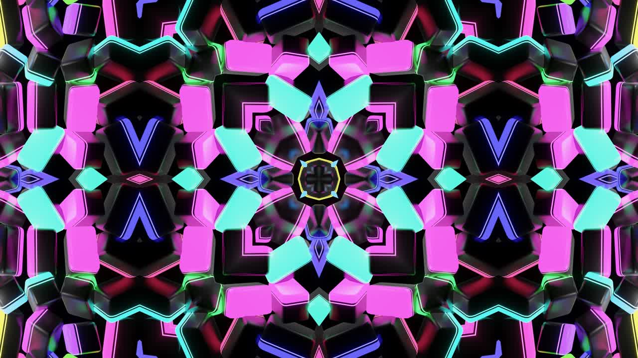 4k abstract looped background with symmetrical square structures of many elements, lighting bulbs, multicolor neon lights. Vj loop for music, festive show or holiday events, festivals or concerts.