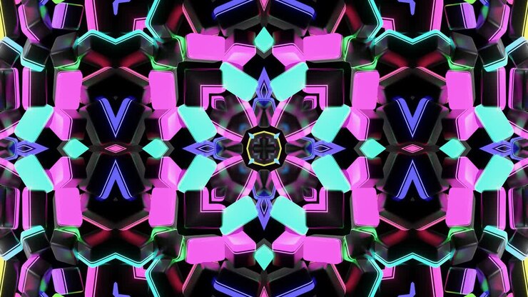 4k abstract looped background with symmetrical square structures of many elements, lighting bulbs, multicolor neon lights. Vj loop for music, festive show or holiday events, festivals or concerts.