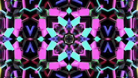 4k sfondo a anello astratto con strutture quadrate simmetriche di molti elementi, lampadine, luci al neon multicolori. anello vj per musica, spettacoli festivi o eventi festivi, festival o concerti.