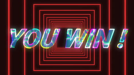 animation of you win text in glowing letters over neon square geometric tunnel