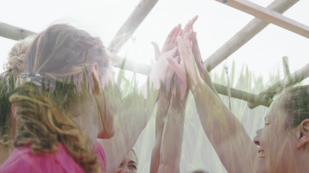 Women celebrating with high fives overlaid with green grass animation