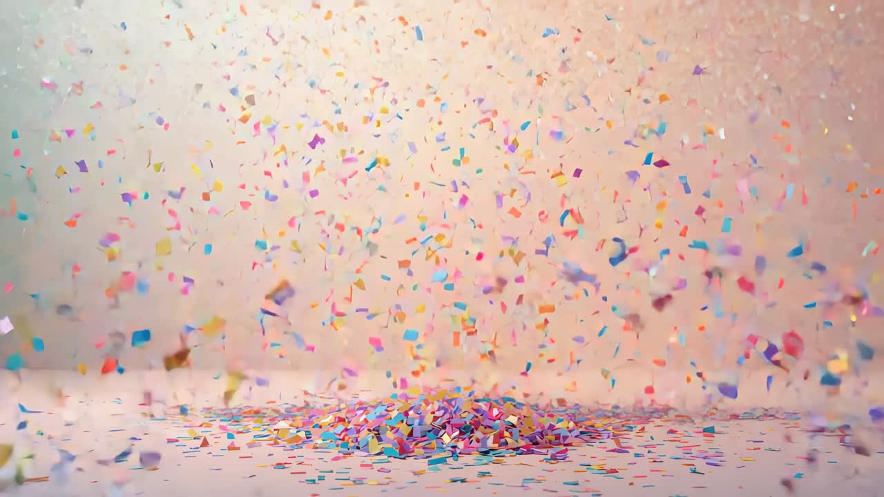 Pioggia di coriandoli rettangolari multicolore che cadono dall'alto e si accumulano al centro sul pavimento dello studio