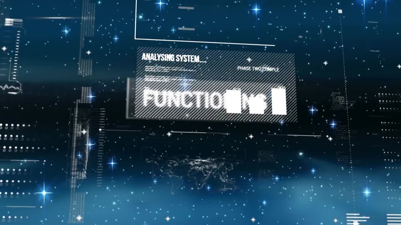 Animation of multiple texts, computer language, map, graph against abstract background