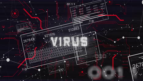 animation of virus text over digital data processing